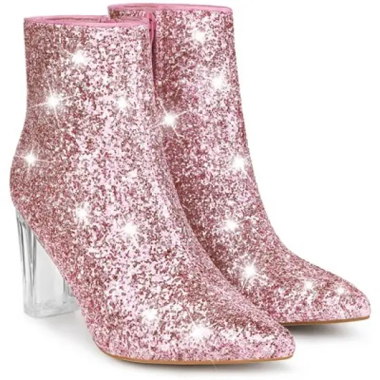 Perphy Women's Sparkly Glitter Clear Block Heels Ankle Booties image {4}