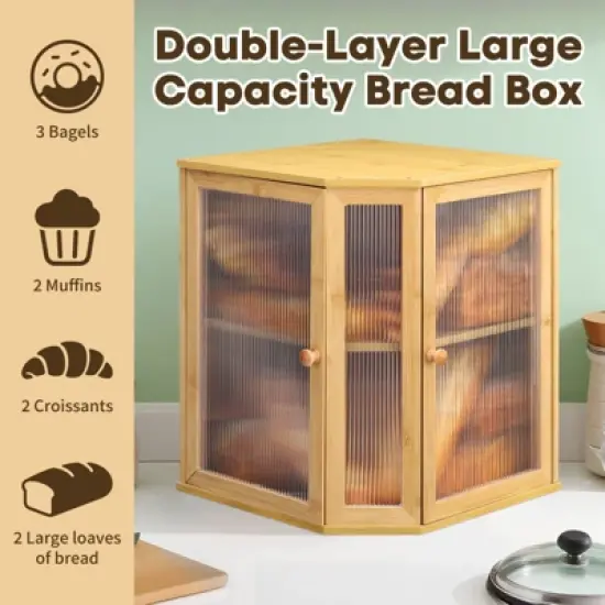 Unique Bargains Bamboo Acrylic Wavy Double Door Panel Large Corner Bread Container Natural Wood image {2}