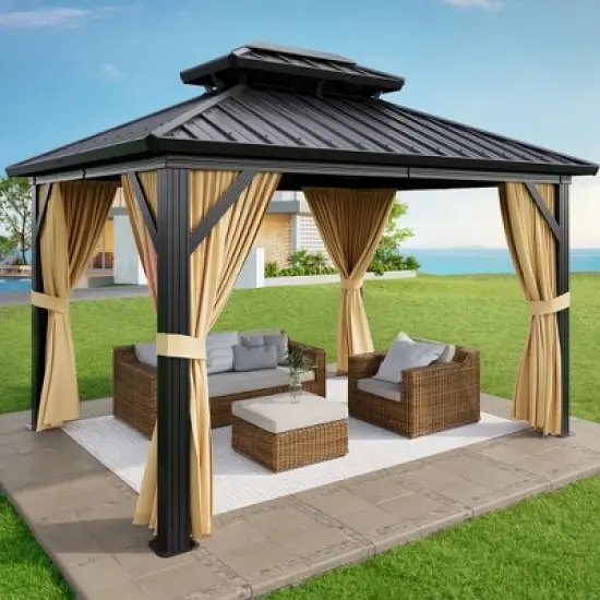 10 x12ft Hardtop Gazebo With Nettings & Curtains, Durable Galvanized Steel Frame and Vertical Striped Canopy for Patio Backyard Deck or Garden image {1}