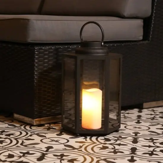 14" Hexagonal Candlelit Iron Lantern with LED Lights Black/White - Alpine Corporation image {10}