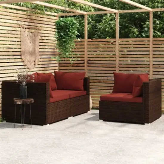 vidaXL 3 Piece Patio Lounge Set with Cushions Brown Poly Rattan image {7}