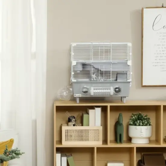 PawHut 2-Tier Hamster Cage, Hamster Habitat with Sand Bathroom, Running Wheel, Water Bottle, Tubes, Accessories, 17.5" x 11" x 17", Gray image {4}