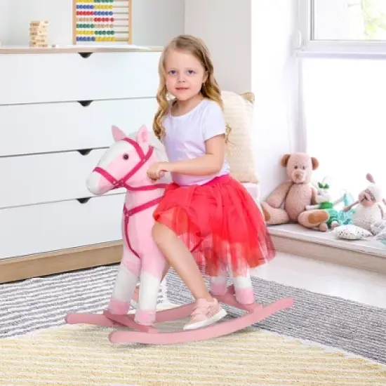 Qaba Kids Plush Toy Rocking Horse Pony Toddler Ride on Animal for Girls Pink Birthday Gifts with Realistic Sounds image {2}