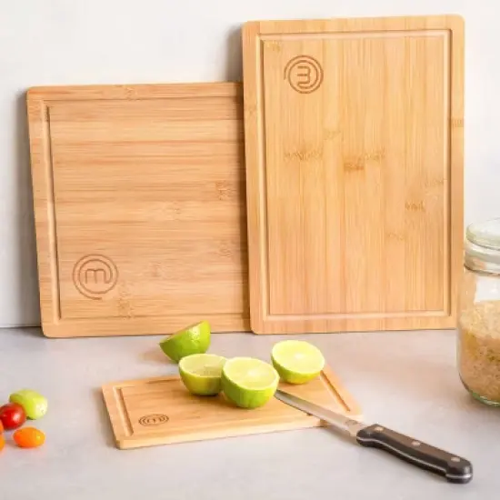 MasterChef 3pc Bamboo Cutting Board Set with Juice Grooves Essential Collection: Lightweight, Teak Brown, Hand Wash image {4}
