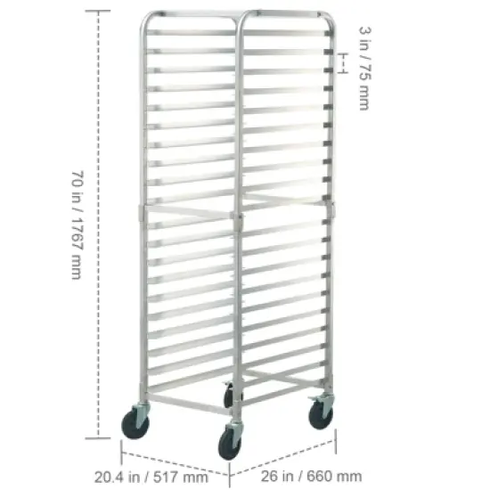 VEVOR Bun Pan Rack, 20-Tier Commercial Bakery Racks with Brake Wheels, Aluminum Racking Trolley Storage for Half & Full Sheet, 26"L x 20.4"W x 70"H image {7}