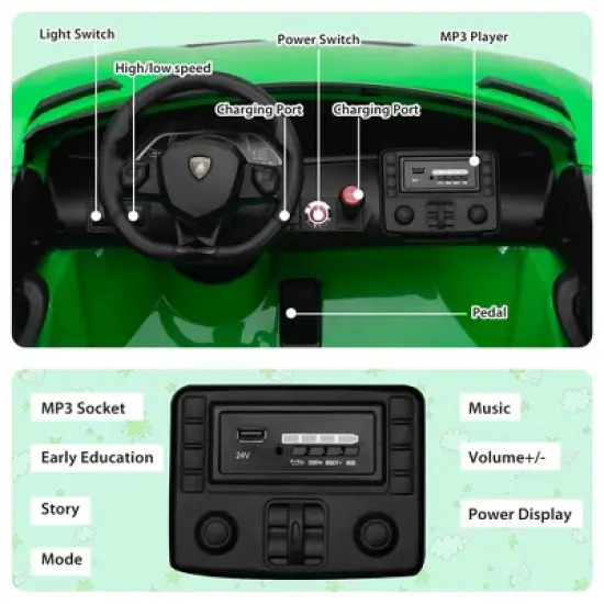 Sandinrayli 24-Volt Licensed Lamborghini 2 Seater Kids Ride On Car With Remote Control and Drifting Feature in Green image {2}