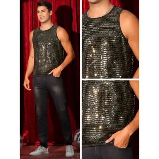 Lars Amadeus Men's Sparkly Sequins Crew Neck Party Club Metallic Tank Top image {4}