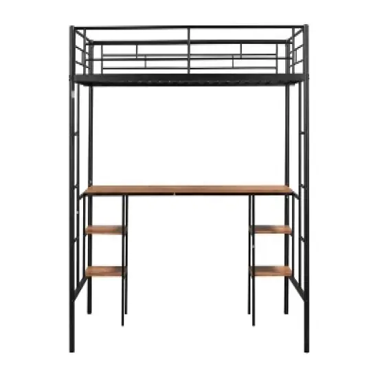 Metal Twin Size Low Loft Bed With Storage Shelf And Table, Black - ModernLuxe image {6}
