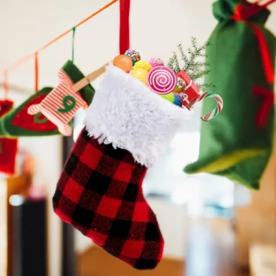 Joyfy 12 Pcs Mini Christmas Stocking, 5" Red Black Plaid Xmas Stockings for Christmas Tree Decoration Xmas Holiday Decor Party Favors image {9}