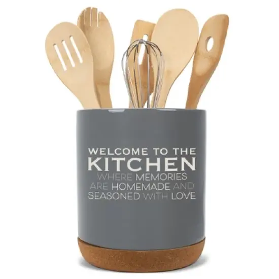 Elanze Designs Welcome to the Kitchen Ceramic Cork Bottom Gray Large Capacity Utensil Holder Crock for Countertop Storage, Stylish & Durable for image {4}