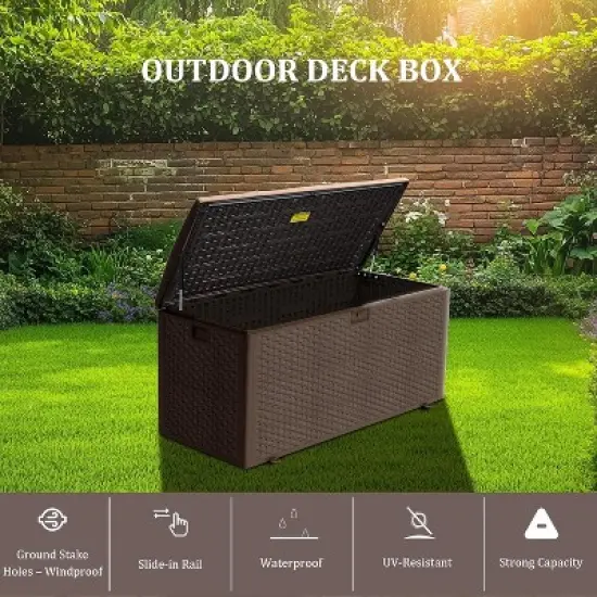 150 Gallon Lockable Resin Deck Box,Waterproof Outdoor Storage Box for Outdoor Cushion Storage,Garden Tools & Pool Accessories Storage,Brown image {1}