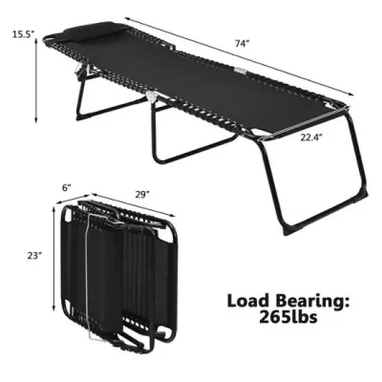 Costway Folding Beach Lounge Chair Heightening Design Patio Lounger w/ Pillow Black\Grey image {7}