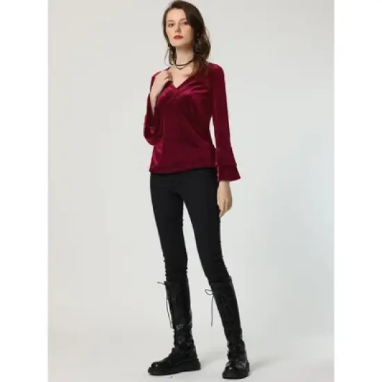 Allegra K Women's V Neck Velvet Blouse Flare Long Sleeve Peplum Top image {1}