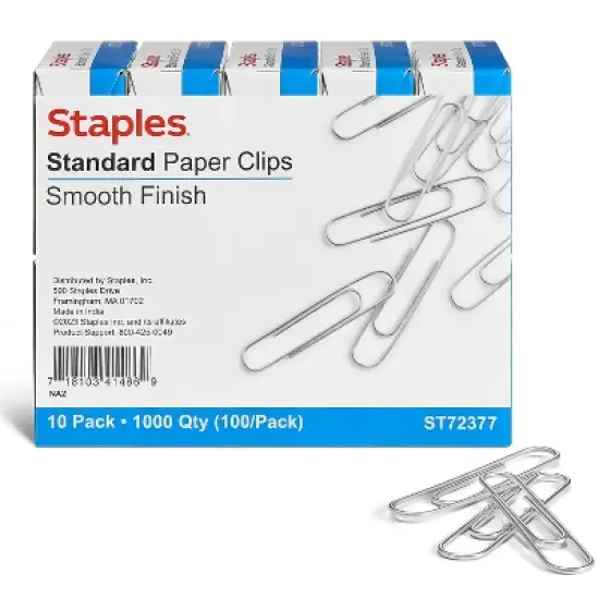 Staples Smooth Paper Clips Silver 100/Box 10 Boxes/Pack (A7026607/72377) ST72377/A70266 image {4}