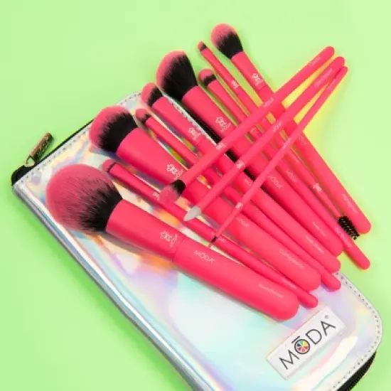 MODA Brush Totally Electric Neon Pink Full Face 13pc Makeup Brush Kit, Includes Complexion, Highlight & Glow, and Crease Makeup Brushes image {5}