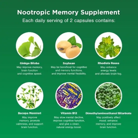 Nootropic Memory Supplement for Brain Support + IQ, Memory Pills for Brain Boost & Natural Energy Booster Vitamin B12 Supplement, Nature's Craft, 30ct image {4}