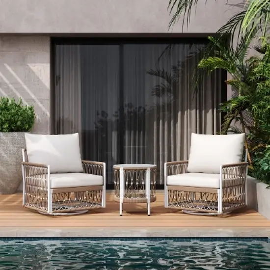 FIONECA 3-Piece Bohemian Outdoor Set &uml;C 2 Swivel Rope Chairs & Glass-Top Table, Waterproof Cushions, Powder-Coated Steel, Patio/Garden/Pool image {13}