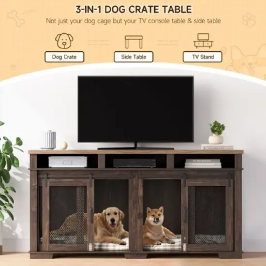 71" Dog Crate Furniture, Double Dog Crate Table, Double Dog Kennel Furniture With 3 Storages And Removable Divider For Large Medium Dogs image {1}