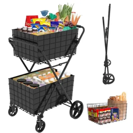 HTUTWOO 2 Layers Grocery Cart on Wheels, Jumbo Folding Utility Carts with Double Basket Waterproof Liner for Easy Transport, Groceries, Shopping image {9}