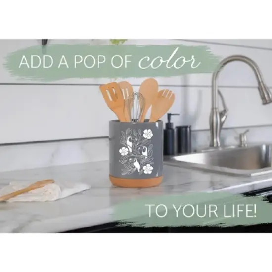 Elanze Designs 8 inch Floral Toucan Large Ceramic Kitchen Utensil Holder Gray and White Crock with Cork Base image {4}