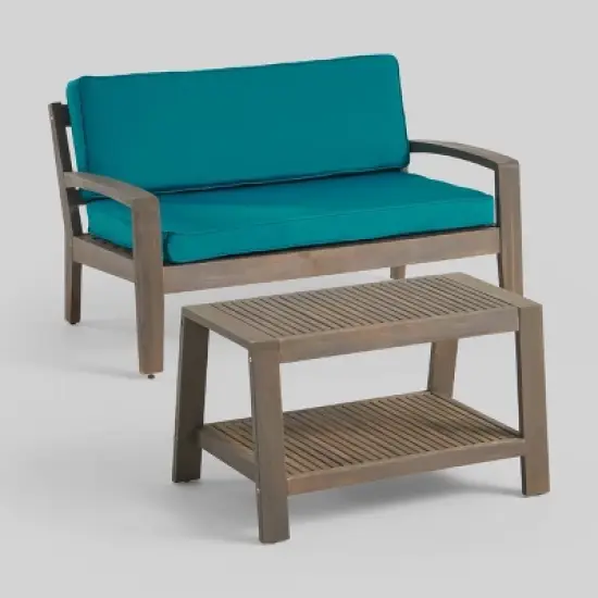 2pc Grenada Acacia Wood Patio Chat Set with Sunbrella Cushions Gray/Teal - Christopher Knight Home image {1}