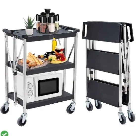 Foldable 3 Tier Stainless Steel Trolley Cart - Foldable Utility Serving Storage Rolling Car Shelf w/ Wheels image {7}