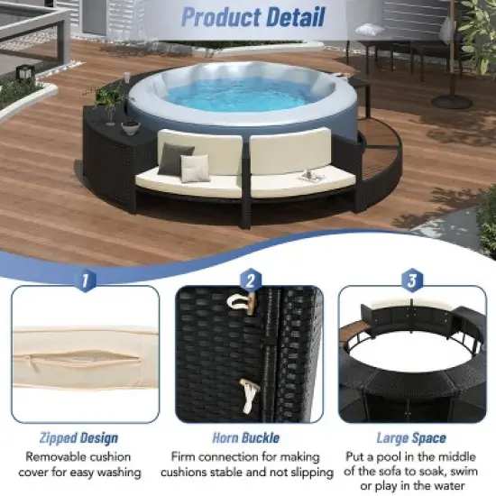 Circular Rattan Spa Surround Sofa Set with Cushions, Wooden Seats and Hidden Storage, 112 in Outdoor Patio Furniture for Hot Tub Area-Cuddlewood image {5}