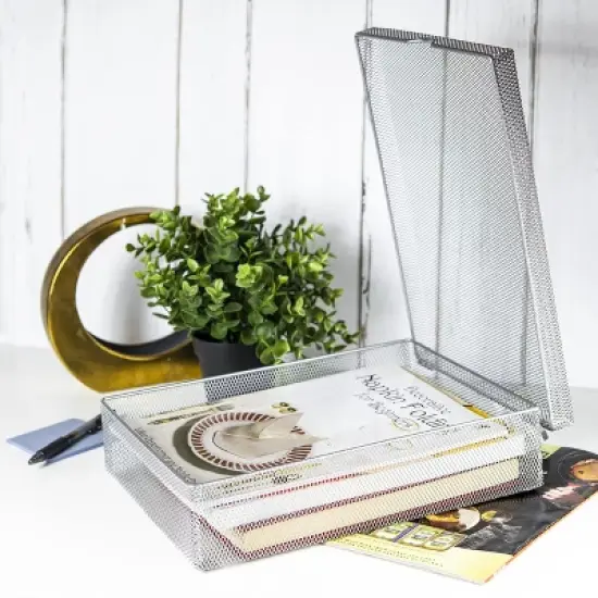 YBM Home Silver Mesh Steel Box with Hinged Lid, Pack of 2 image {1}