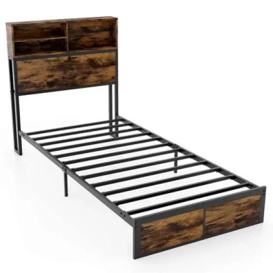 Costway Twin/Full/Queen/King Bed Frame with Charging Station Storage Headboard Under-bed Storage Space image {1}