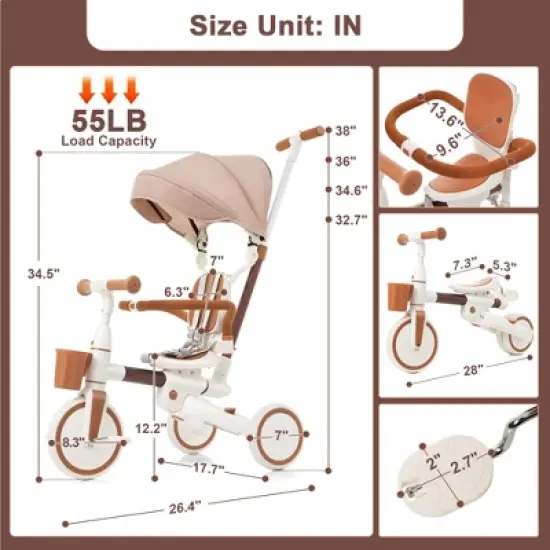 LOVSON 7-in-1 baby tricycle, equipped with removable push bar and footrest, sun canopy, safety guardrail, (suitable for babies aged 1-6 months) image {2}