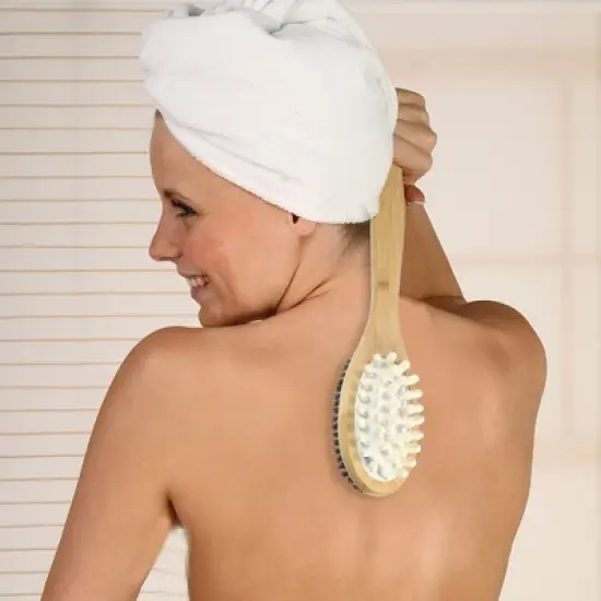 Unique Bargains Double-Side Long Handle Bath Brush for Shower 15.75"x3.03" Deep Brown 1 Pc image {1}