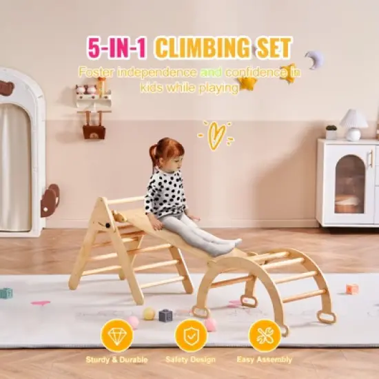VEVOR Pikler Triangle Set, 5 in 1 Toddler Climbing Toys Indoor Playground, Ramp, and Arch, Montessori Climbing Set for Toddlers 1-3 Years, Wood Color image {2}