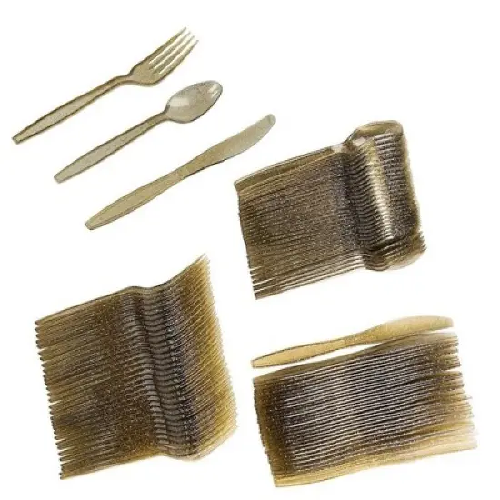 Juvale 144-Piece (Serves 48) Gold Glitter Disposable Plastic Cutlery Party Set Forks Spoons Knives image {7}