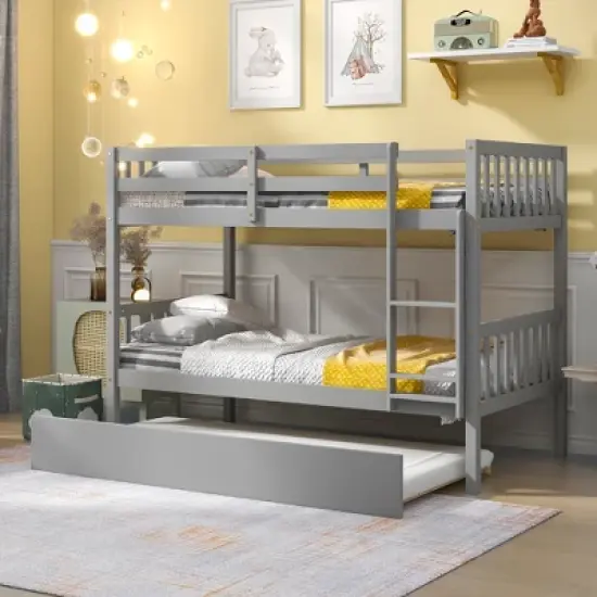 Twin Over Twin Wood Bunk Bed with Trundle, Safety Rail and Ladder-ModernLuxe image {8}
