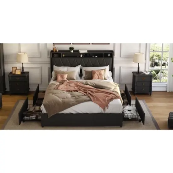 Okak Platform Bed Frame with Upholstered Storage Shelf Bed with Outlets Charger Metal Frame No Box Spring Needed Noise-Free image {1}