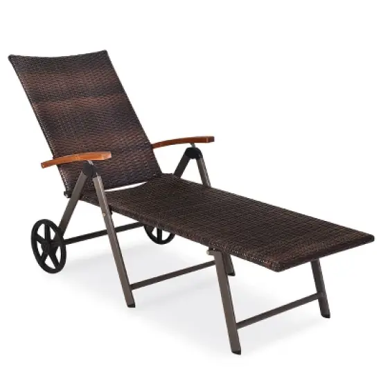 Tangkula Outdoor Rattan Wicker Lounge Chair Folding Patio Chaise w/ Wheels & Cushion image {7}