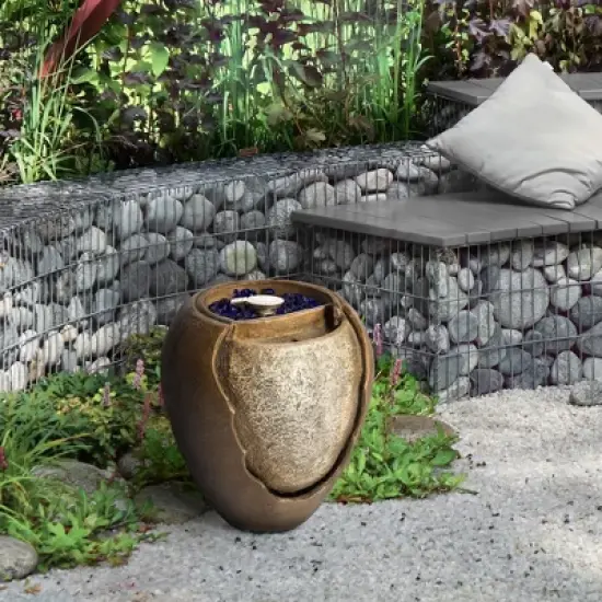 Teamson Home Outdoor 22 Inch Water Fountain Pot with Fire Pit and Fire Glass, Brown image {2}