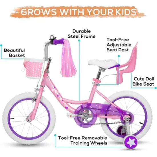 hykolity 16 inch Girls Bike Princess Bicycle for Age 4-7 Years Old Rider Height 41-53 inch includes Training Wheel Basket Doll Seat Flesh Pink image {1}