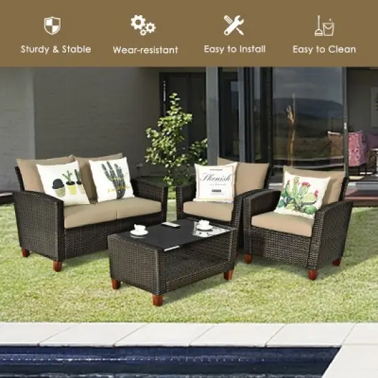 Tangkula 4PCS Cushioned Rattan Conversation Set w/ Coffee Table Patio Outdoor image {4}