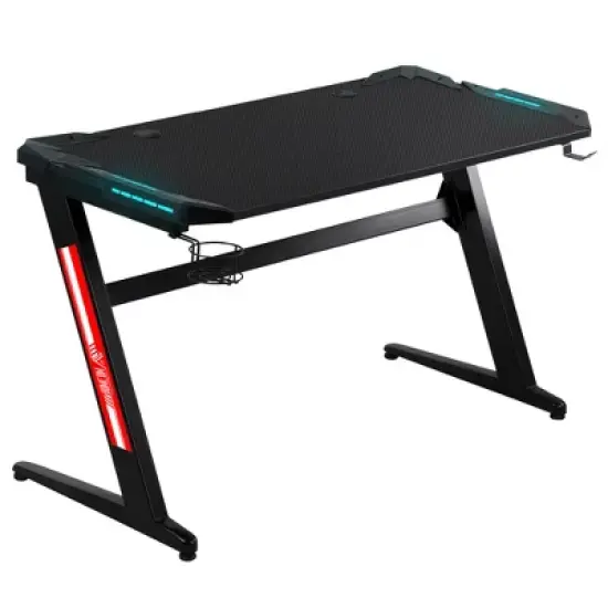 HOMCOM 47" Racing Style Gaming Desk, Z-Shaped Computer Table with LED Lights, Swivel Cup Holder, Headphone Hook and Cable Management Holes, Black image {3}