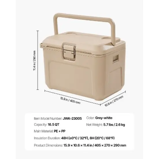 VEVOR Portable Cooler, 16.5 QT Hard Cooler with Ice Retention, Heavy-Duty Handles and Cup Holder, Lightweight Rigid Material Insulated, Beige image {7}