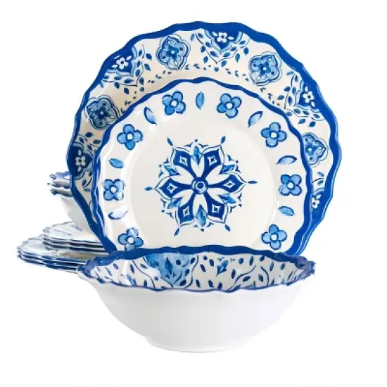 Elama Blue Garden 12 Piece Scalloped Lightweight Melamine Dinnerware Set in Blue image {12}