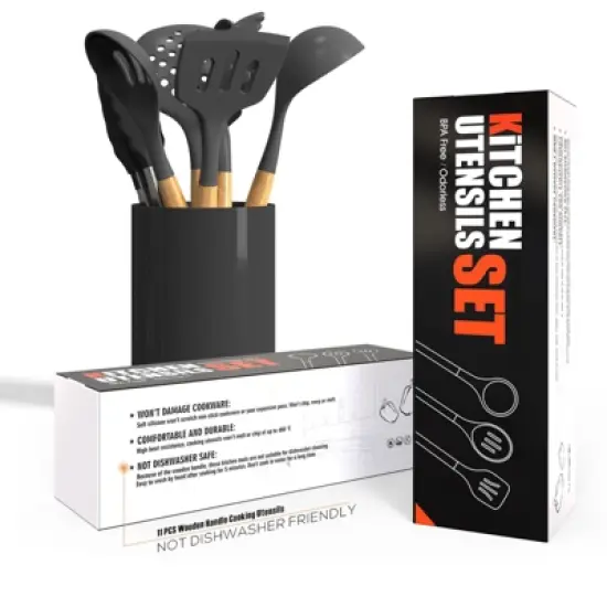 Itopfox Silicone Cooking Utensils Set - Heat Resistant Kitchen Tools with Spatula, Turner, Spoon, Brush, Whisk for Nonstick Cookware, BPA Free (Gray) image {1}