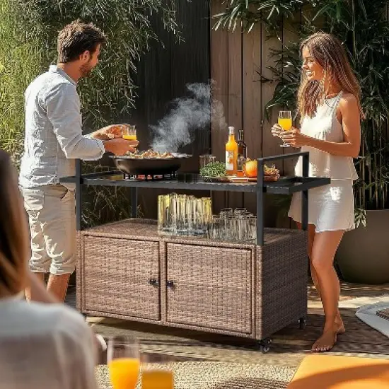 Wicker Outdoor Bar Cart with Storage and Wheels, Outdoor Bar Table Serving Cart Rattan Bar Cart with Glass Top and Shelf for Pool, Party image {1}