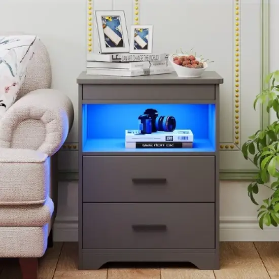 Fredees Night Stand with Drawer, Charging Bedside Table with USB & Type-C Port, LED Nightstand with Human Sensor Light. image {9}