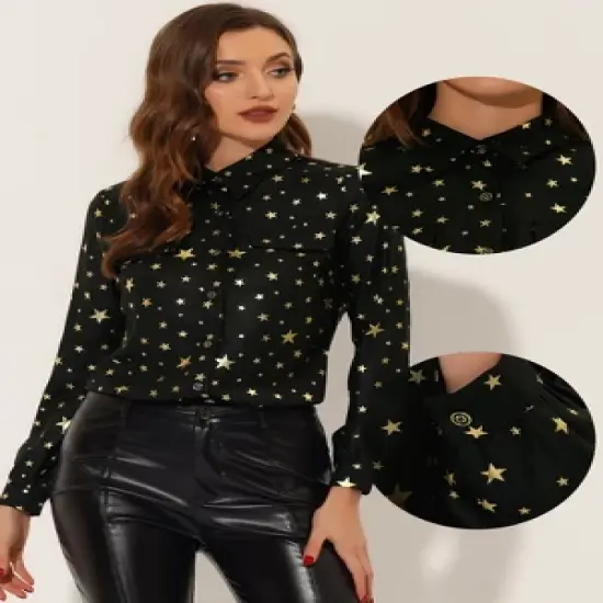 Allegra K Stars Shirt for Women's Metallic Gilding Shiny Long Sleeve Vintage Blouse image {1}