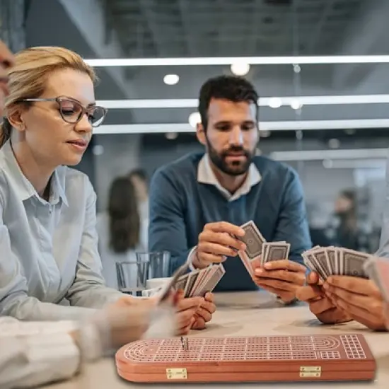 GSE 3-Track Wooden Cribbage Board Game with Playing Cards, 9 Metal Pegs, and Storage Area for Family Game image {5}