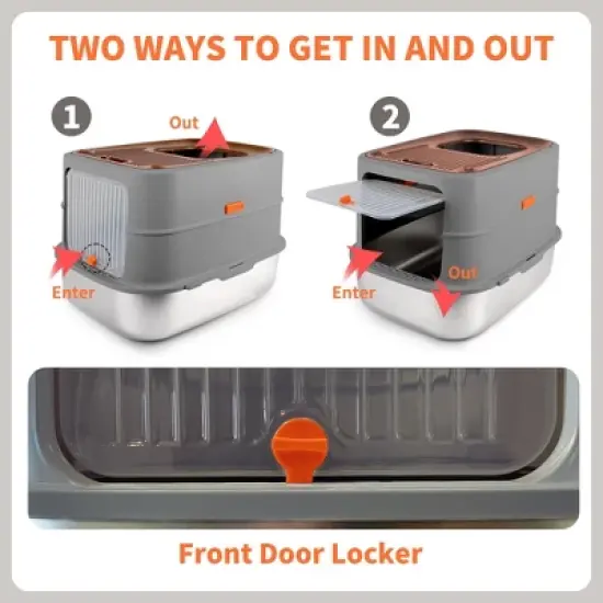 Allforpaws Cat Litter Box Top & Front Entry Hooded Cat Litter Box With Stainless Steel Base image {3}