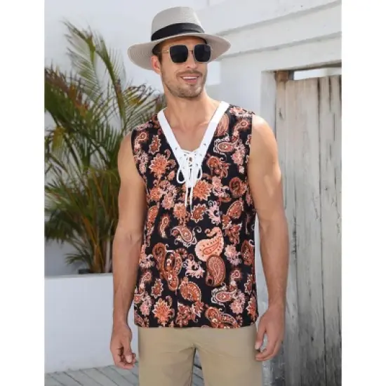 Clearlove Men's Tank Top&nbsp;Sleeveless&nbsp;Shirts V Neck Lace Up Retro Boho Shirts Summer&nbsp;Casual Tops image {2}