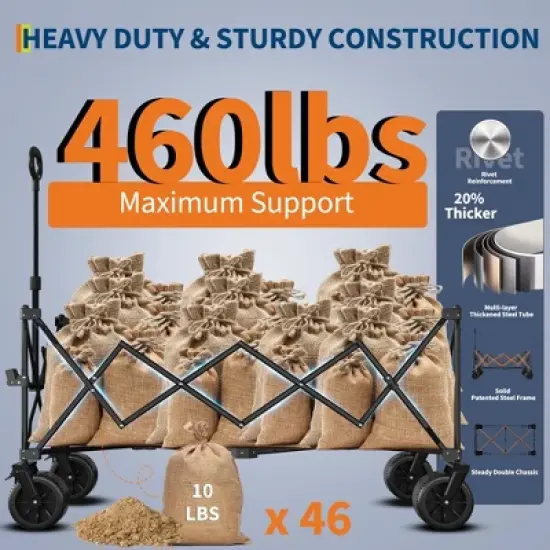 350L Large Capacity Collapsible Wagon Cart Foldable, 460 lbs Load All Terrain Utility Wagon with Cup Holders image {4}